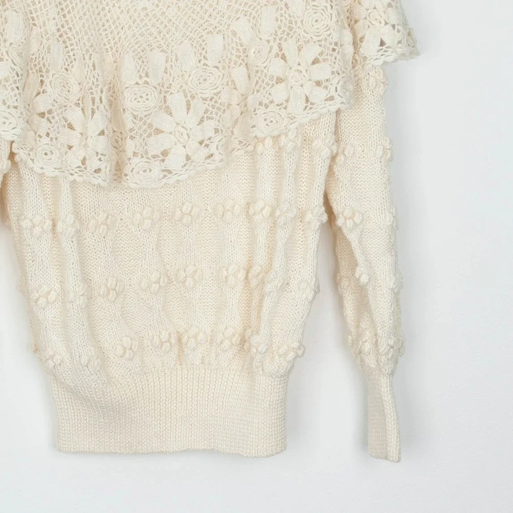 Catharine Lover‎ Womens Hand Knitted Victorian Style Wool Sweater Size L Ivory